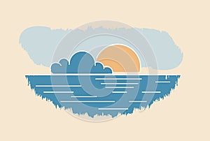 Sun cloud seascape drawing. Abstract summer sunset vector illustration.