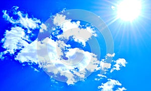 Sun and clouds on a blue sky background