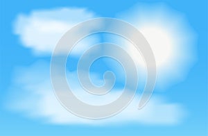 Sun with clouds in the blue sky. Vector illustration.