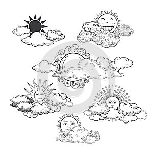 Sun with clouds Doodle Hand Drawn Collection.