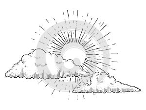 Sun with clouds engraving vector illustration