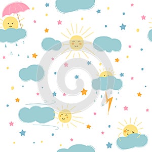 Sun clouds rain thunderstorm wind umbrella, seamless  vector illustration