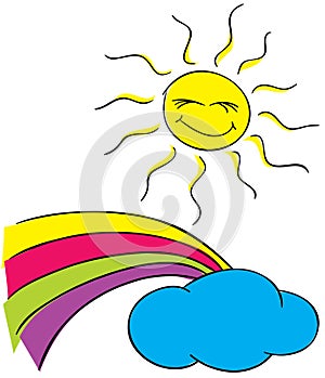 Sun, clouds with a rainbow on a white background
