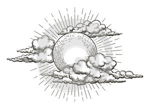 Sun and clouds in sky engraving