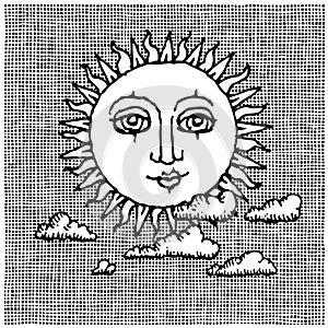 Sun and clouds woodcut