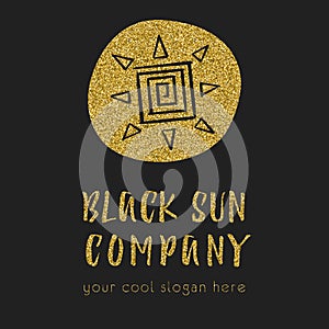 Sun company logo with the sun icon in hand drawn style. Business idea for travel companies or retail. Glitter effect, text for