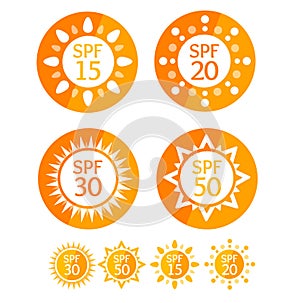 Sun Cream Round Orange Labels Spf Set. Vector