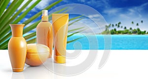 Sun cream in a tropical background