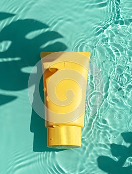 Sun cream yellow tube on the blue water surface with palm leaves shadows. Summer vacation cosmetics concept.