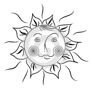 Sun. Cute cartoon character, sun with female face, smiling. Linear drawing, vector illustration. Sunny female image, sketch. Sun,