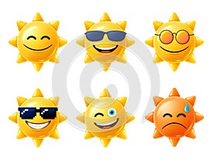 Sun 3D character. Happy yellow sun emoji with smiled face and sunglasses, hot summer season vector illustration set