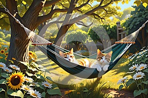 Sun-Dappled Garden, a Hammock Swaying Gently Between Two Robust Oak Trees, Sunflowers and Daisies Blanketing the Ground