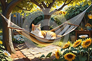 Sun-Dappled Garden, a Hammock Swaying Gently Between Two Robust Oak Trees, Sunflowers and Daisies Blanketing the Ground