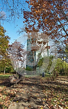 Sun-dappled Urban Park with Vintage Water Tower in Background