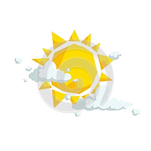 Sun with different clouds. Weather and summer, beach and travel cartoon icons.