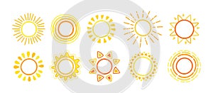 Sun doodle hand drawn set sunbeams cartoon vector