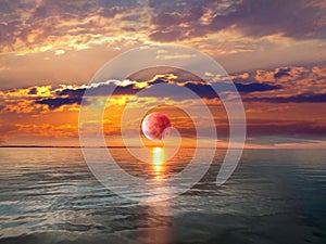 Sun down at sunset pink yellow light  on sea sunlight reflection on water nature seascape summer background