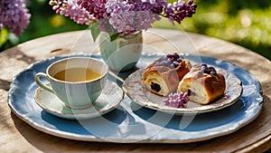 A sun-drenched breakfast table set in a blooming spring garden, with delicate china cups, an array of fresh pastries