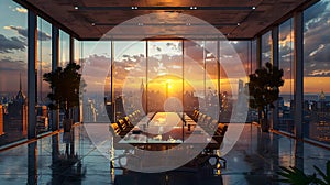 sun drenched modern boardroom with floor to ceiling windows