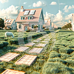 Sun-drenched paradise: Cute pink-roofed houses powered by the sun in a lush green field.