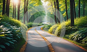 Sun-drenched path through lush green forest