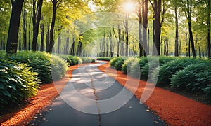 Sun-drenched path through lush green forest