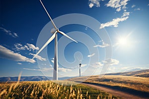 Sun drenched perspective Wind turbine rises with a captivating lens flare