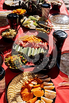 Sun-drenched picnic feast with an array of cheese, sliced fruits, colorful salads, and take-out coffee, adorned with golden