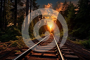 Sun-drenched Railroad forest train sunlight. Generate Ai