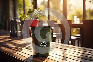 Sun drenched recycling Bin on table, touched by natural sunlight