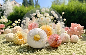 Sun-drenched spring summer meadow with flowers of daisies