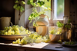 Sun-drenched still life with clusters of juicy green grapes, leafy vines, ceramic pottery, and antique glass on a rustic