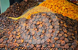 Sun dried apricots on a market display in Malatya, Turkey