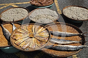 Sun dried fish on the road to used for cooking and sell in the seaside fishing market. Food preservation.