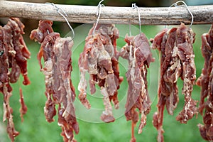 Sun dried meat, is a food preservation by putting fresh meat to dry in the sun