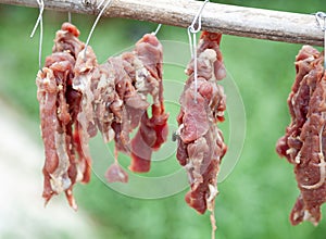 Sun dried meat, is a food preservation by putting fresh meat to dry in the sun