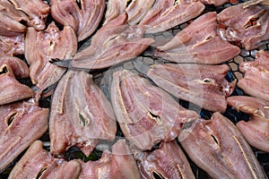 Sun dried striped snakehead fish for sale at local marke