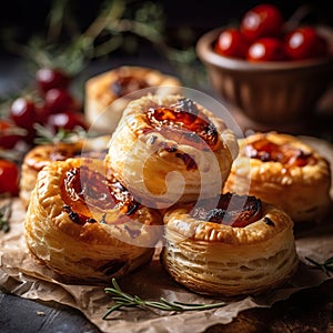 Sun-dried tomato and feta puff pastry bites in warm vibrant light. Baked snacks.