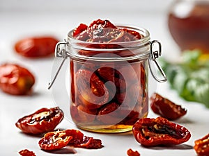 Sun-dried tomatoes in a jar with oil, Italian cuisine, light background