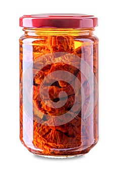 Sun dried tomatoes in olive oil in glass jar