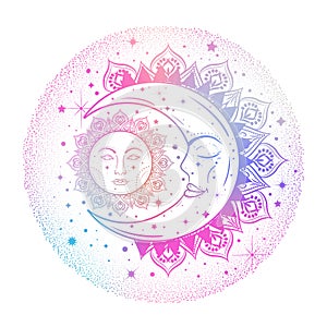 Sun eclipse concept. Vector illlustration of astronomy and astrology symbol in pastel colors. 80-90s style