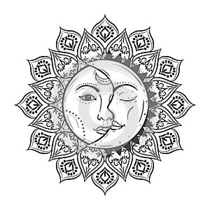 Sun eclipse concept. Vector illlustration of astronomy and astrology symbol. Vintage, boho, gypsy style