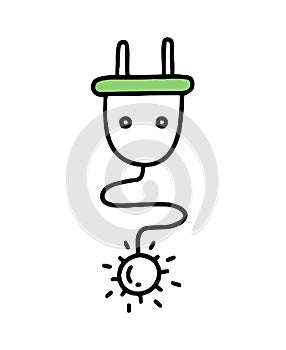 Sun and electric cable. Co2 concept of climate change. Recycling. Vector isolated doodle