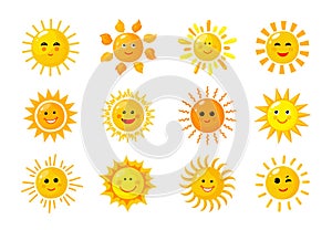 Sun emoji. Funny summer spring sunshine rays sun baby happy morning emoticons. Sunny smiling faces vector solar icons