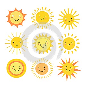Sun emoji. Funny summer sunshine, sun baby happy morning emoticons. Cartoon sunny smiling faces vector icons photo