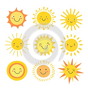 Sun emoji. Funny summer sunshine, sun baby happy morning emoticons. Cartoon sunny smiling faces vector icons