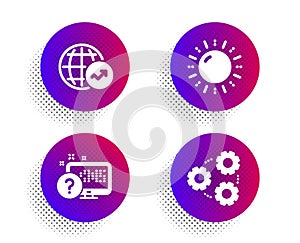 Sun energy, Online quiz and World statistics icons set. Gears sign. Solar power, Web support, Global report. Vector