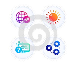 Sun energy, Online quiz and World statistics icons set. Gears sign. Solar power, Web support, Global report. Vector