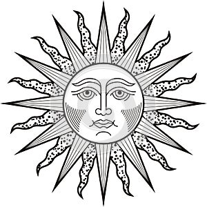 Sun face black white tattoo