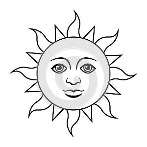 sun with face, black and white vector illustration isolated on white